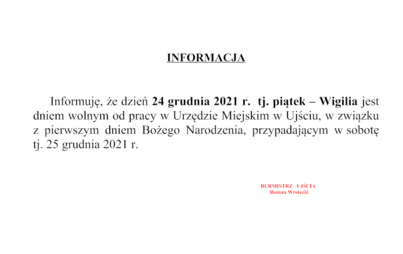 Zdjęcie do 24 grudnia 2021 dniem wolnym od pracy w Urzędzie Miejskim