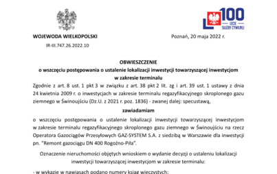 Zdjęcie do Obwieszczenie o wszczęciu postępowania o ustalenie lokalizacji inwestycji towarzyszącej inwestycjom w zakresie terminalu regazyfikacyjnego skroplonego gazu ziemnego w Świnoujściu na rzecz Operatora Gazociąg&oacute;w Przesyłowych GAZ-SYSTEM S.A.