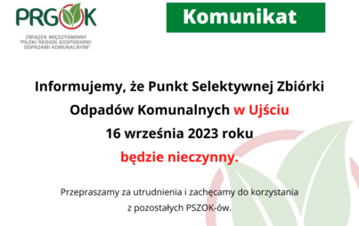 Zdjęcie do Informacja PRGOK - PSZOK nieczynny 16 września 2023 r.