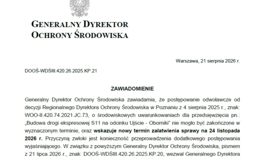 Zdjęcie do Zawiadomienie Generalnego Dyrektora Ochrony Środowiska w sprawie budowy drogi ekspresowej S11 na odcinku Ujście-Oborniki